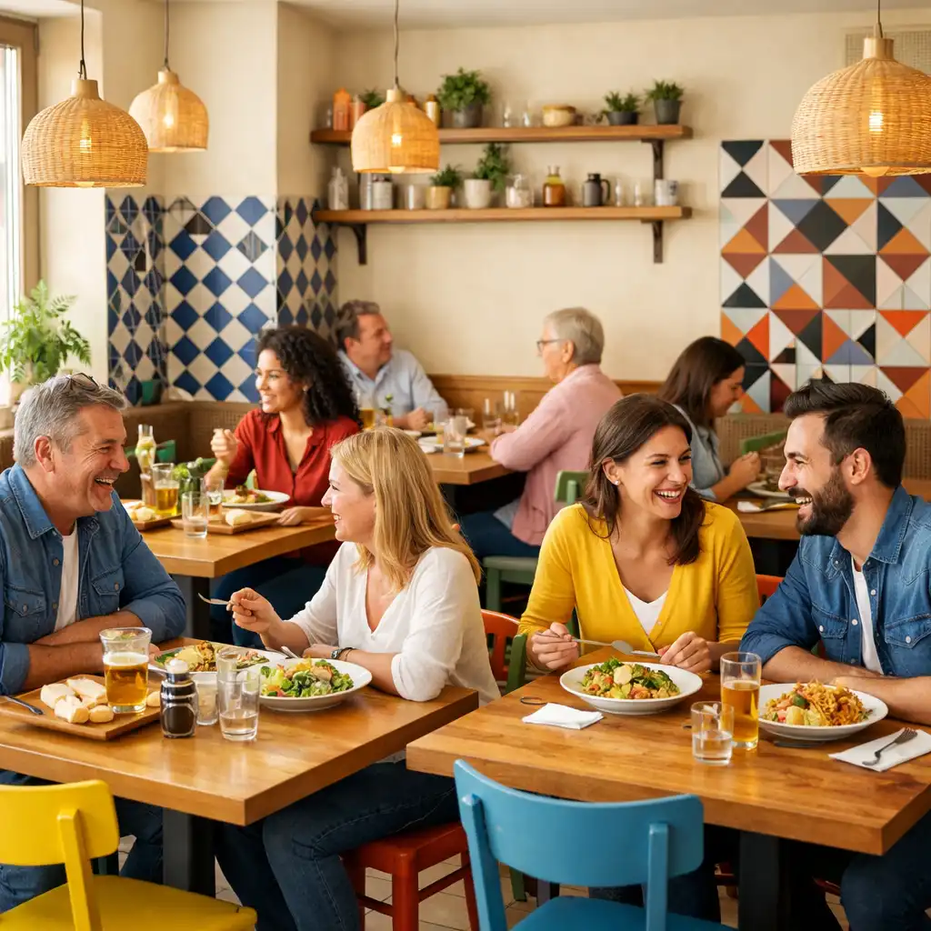Salle lumineuse avec tables en bois, chaises colorées et clients souriants