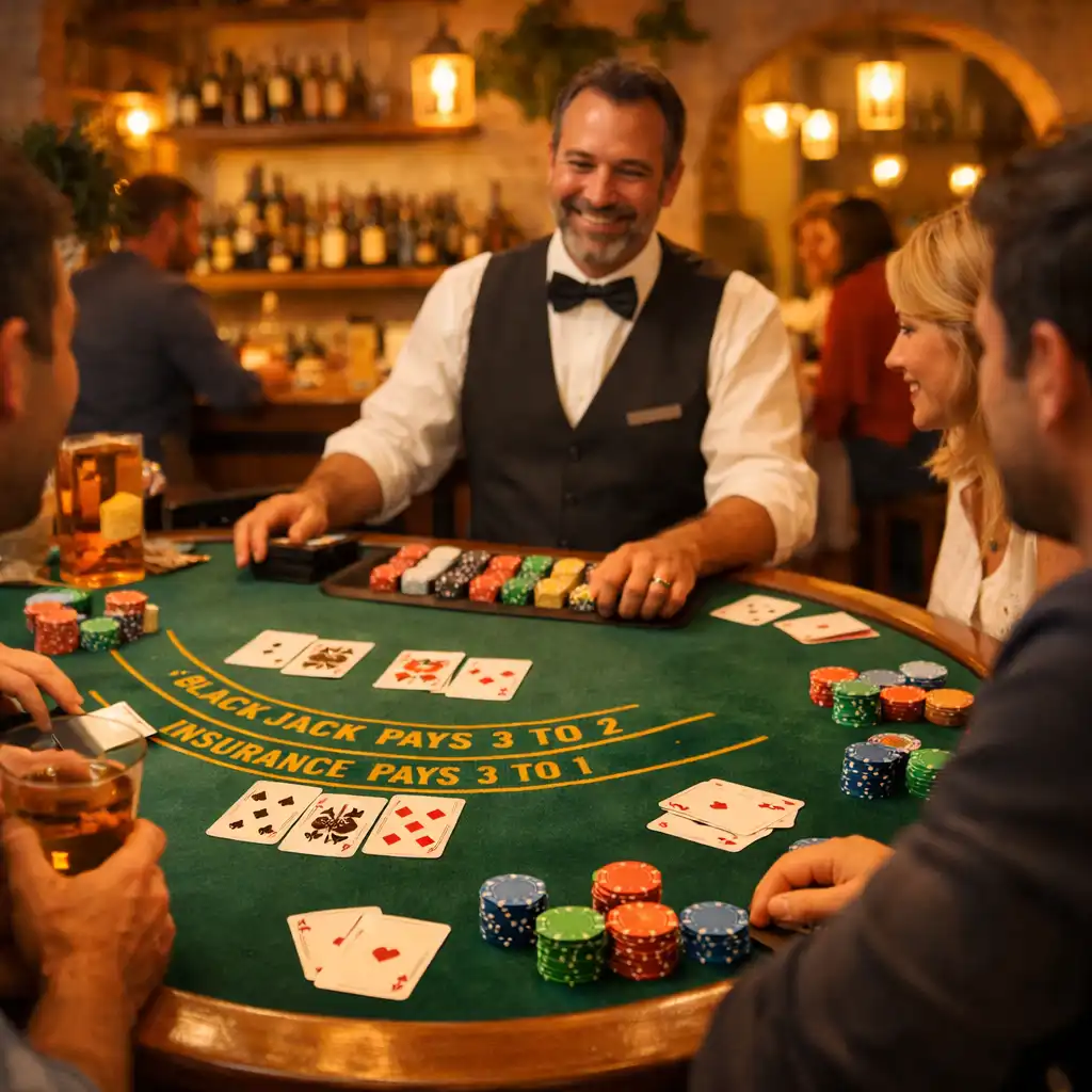Table de blackjack dans une ambiance chaleureuse de brasserie, avec cartes et jetons colorés