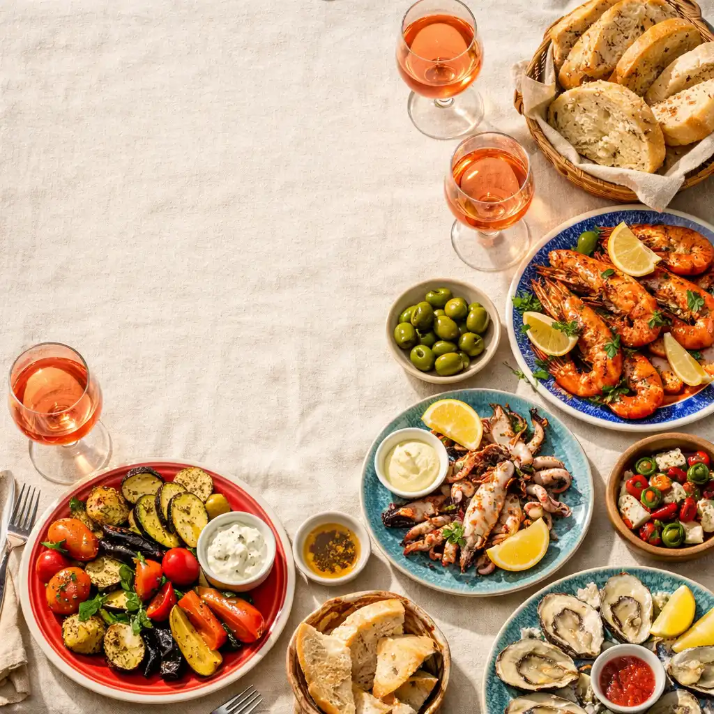 Table de brasserie méditerranéenne avec plats colorés, fruits de mer et verres de rosé