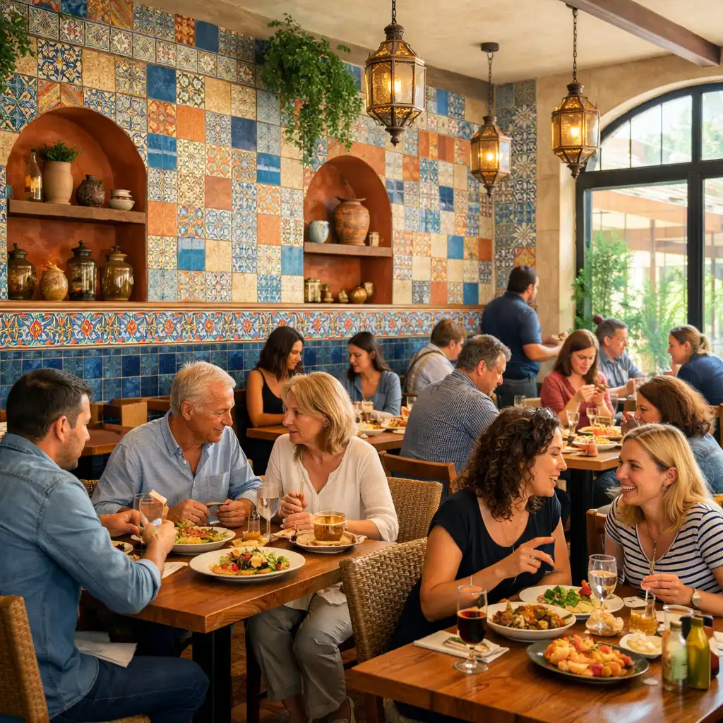 Intérieur du restaurant avec murs carrelés colorés et clients attablés