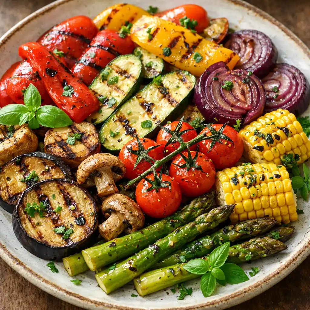 Légumes grillés colorés aux herbes sur assiette en céramique