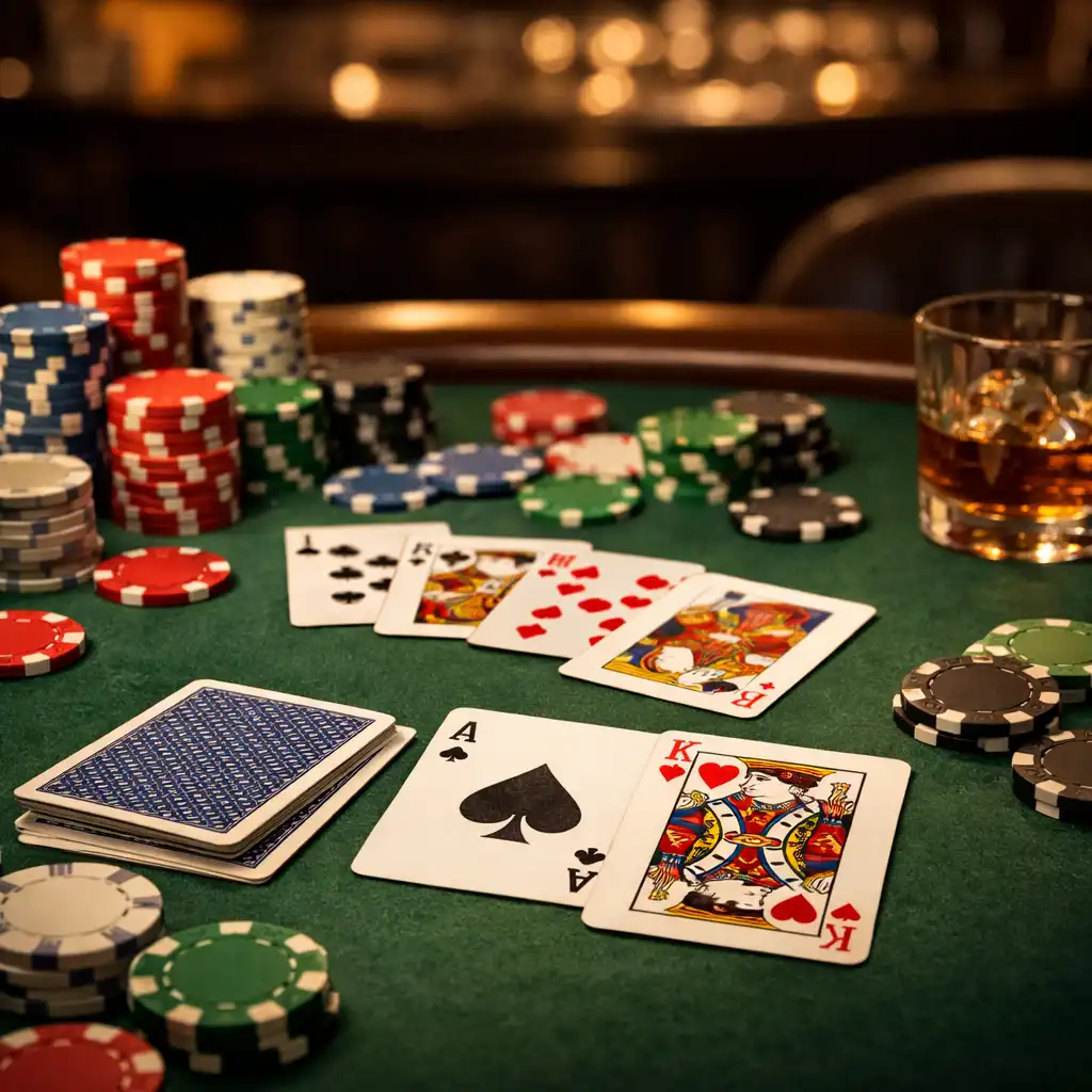 Table de poker avec cartes et jetons dans l'espace salon du Resortpickly